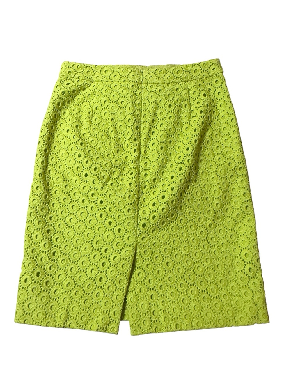 J Crew Chartreuse Lime Green Eyelet No 2 Pencil Skirt SZ 2 lined embroidered - Picture 3 of 3